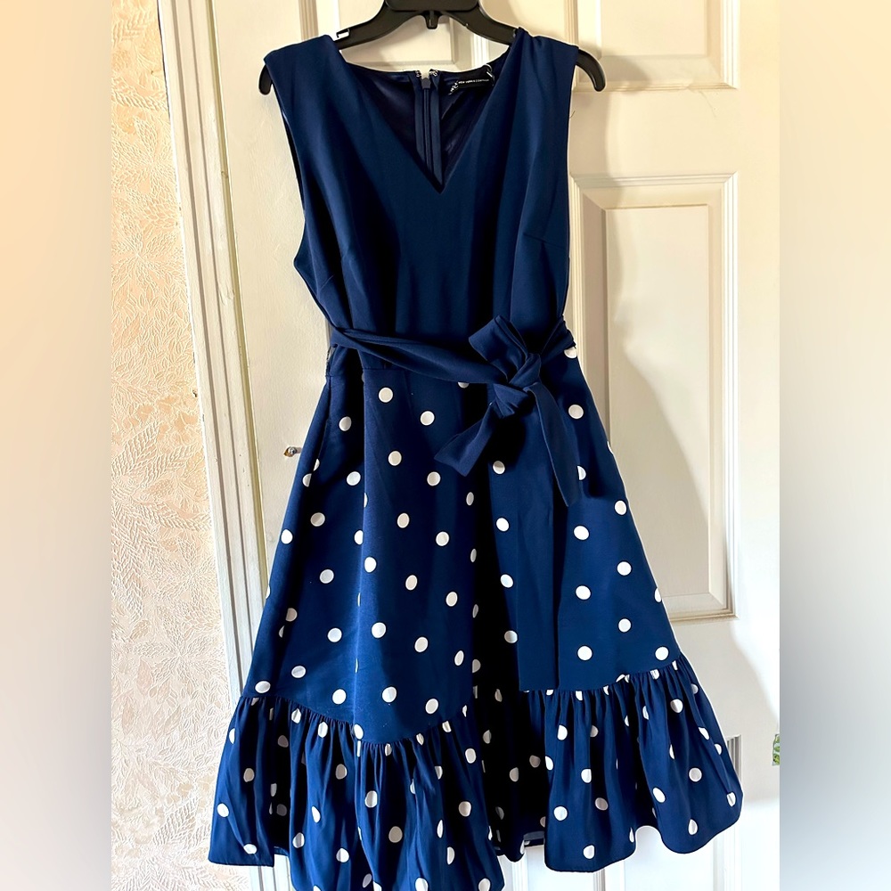 New York and Company blue with white polka dots, belted midi dress.